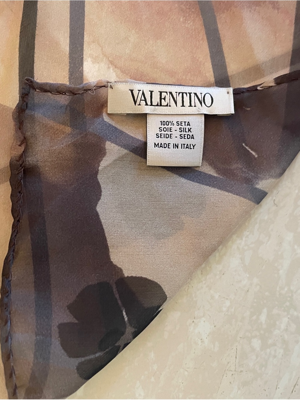 Valentino Floral Watercolor Silk Scarf in Brown, Black and Cream - Picture 4 of 13